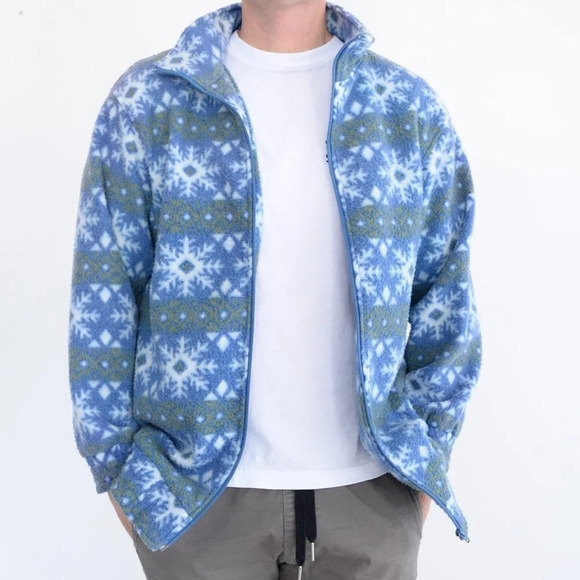 Vintage Haband! Blue & Green Snowflake Fleece Collared Sweater - Picture 1 of 12